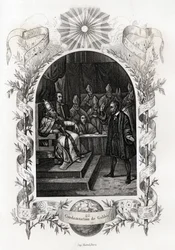 Galileo Galilei (1564-1642) vor dem Heiligen Offizium im Vatikan. Der Astronom wurde 1632 vom Inquisitionstribunal verurteilt. Gravur zur Illustration der „Geschichte der Päpste“ von Maurice Lachatre (1814-1900)