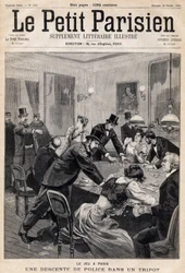 Spielhaus in Paris: Polizeirazzia in einem Glücksspielclub (Casino). In „Le Petit Parisien“ am 26.02.1893 (Gravur)