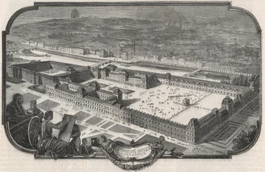 Gesamtansicht des Palais du Louvre und der Tuilerien im Jahr 1852 - Gravur in „Tableau-de-Paris“ von Edmond Texier 1852
