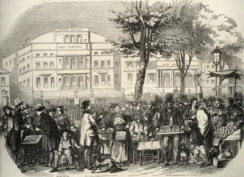 Gesamtansicht des Boulevard du Temple in Paris - Straßenhändler - Paris - Vue générale du boulevard du Temple - Straßenhändler - Gravur in „Tableau-de-Paris“ von Edmond Texier 1852