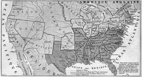 Geografische Karte der Vereinigten Staaten von Amerika im März 1861. Sklavenstaaten sind in Rot dargestellt. In Weiß die Namen der sieben konföderierten Staaten, die sich von der Union getrennt haben: Texas, South Carolina, Mississippi, Florida, Alabama, G