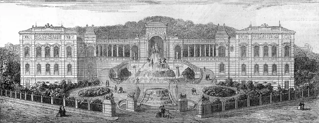 Geometrische Ansicht des Palais de Longchamp in Marseille, Bouches-du-Rhône (13), erbaut 1862 von Henri Jacques Espérandieu (1829-1874). Gravur in „Le Monde Illustré“ Nr. 681 vom 30. April.
