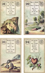 Deutsche Ausgabe des Lenormand französischen Kartendecks: Der Berg, Der Weg, Die Mäuse, Das Herz, veröffentlicht von Dondorf, Frankfurt, 19. Jahrhundert