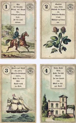 Deutsche Ausgabe des französischen Lenormand-Wahrsagekartenspiels: Der Reiter, Der Klee, Das Schiff, Das Haus, herausgegeben von Dondorf, Frankfurt, 19. Jahrhundert