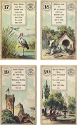 Deutsche Ausgabe des französischen Lenormand-Kartenlegedecks: Der Storch, der Hund, der Turm, der Garten, veröffentlicht von Dondorf, Frankfurt, 19. Jahrhundert