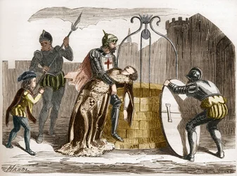 Gilles de Rais (Retz oder Rays) (1404-1440), Marschall von Frankreich, lässt seine Frau sterben. Gravur in „Die Geschichte der Prostitution und Ausschweifung bei allen Völkern der Welt von der Antike bis zur Gegenwart“ von Dr. Th. -F. Debray, 1879.