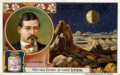 Giovanni Virginio Schiaparelli (1835-1910), italienischer Astronom und Mondlandschaften - Chromolithographie Liébig, ca. 1900