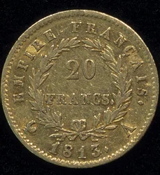 Goldmünze von 20 Francs (Napoleon) aus 1813. Rückseite.