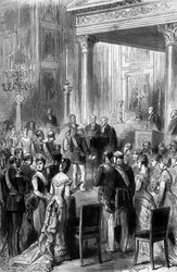 Goldene Hochzeit des deutschen Kaisers Wilhelm I. (1797-1888) und der Kaiserin Augusta (1811-1890): Religiöse Zeremonie in der Kapelle des Kaiserpalastes in Berlin, Juni 1879. Gravur in „Le Monde Illustré“ Nr. 1162 vom 5. Juli