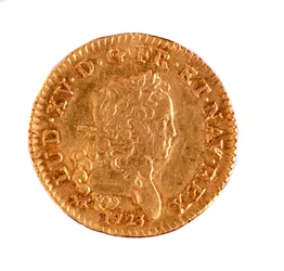Goldener französischer Louis, Regierungszeit von König Louis XV (1715-1774) 1723. Durchm. 2,3 cm Neapel, Archäologisches Museum