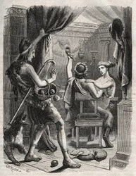 Griechische Mythologie: „Dieser Schrei kam von Paris“. Paris überrascht Helene mit Peritanus. Gravur von 1871 in „Histoire Des Cocuses Celebres“ von Henry de Kock