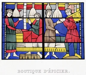 Lebensmittelladen. Facsimile eines Glasfensters aus dem Mittelalter in „Histoire de la peinture sur verre“ von Ferdinand de Lasteyrie