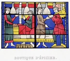 Lebensmittelladen. Faksimile eines mittelalterlichen Glasfensters in „Histoire de la peinture sur verre“ von Ferdinand de Lasteyrie