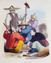 Gruppe chinesischer Männer beim Würfelspiel, ca. 1850