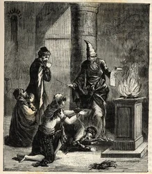 Guebres (oder Zoroastrier) - Feueranbeter - Gravur in „Sciences à la portée de tous - Physik und Chemie für alle“ von Alexis Clerc. Spätes 19. Jahrhundert. Private Sammlung