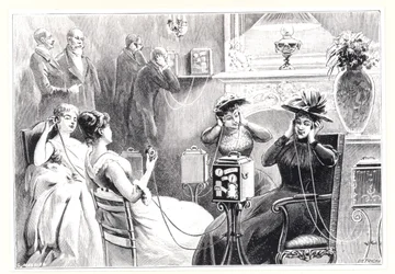 Gäste in einem Pariser Hotel hören direkte Übertragungen von Opern- oder Theateraufführungen auf Marinovitchs und Szarvadys Theatrophone, aus La Nature, veröffentlicht 1892