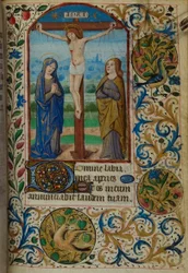 Die Kreuzigung, aus dem Stundenbuch, Gebrauch von Paris, Mitte des 15. Jahrhunderts