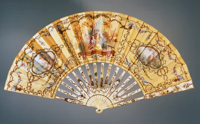 Handfächer mit Darstellung einer Jagdpause, bemalte Seide und Knochen, geschaffen von Felix Alexandre, Paris, ca. 1870