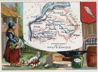 Haute Savoie (Haute-Savoie, 74), Rhone Alpes (Rhone-Alpes), Frankreich. Lokale Spezialität: Papier, Gruyere, Honig, Tabak und Hochöfen. Serie über die französischen Departements. Chromolithographie „der geografische Faden“, um 1920. Private Sammlung