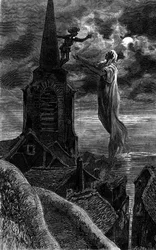Er erschien auf dem Kirchturm. Gravur zur Illustration des Romans „Feuer und Flamme“ von Zenaide Fleuriot. In „Le Journal de la jeunesse“