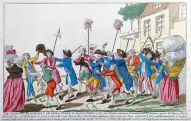 Köpfe von zwei der am 5. Oktober 1789 in Versailles von der Pariser Menge getöteten Königsgardisten werden triumphierend nach Paris getragen