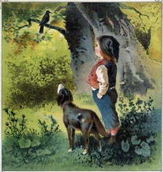 Henri beobachtet eine Amsel auf einem Ast im Wald und denkt darüber nach, wie sein Leben als Vogel wäre. Chromolithographie aus „Kindheitsszenen“, ed. Guerin - Muller um 1885.