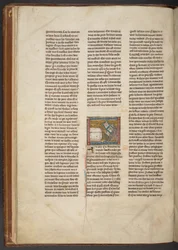 Eremit schreibt an einem Schreibtisch, aus "Estoire del Saint Graal, La Queste del Saint Graal, Morte Artu", ca. 1315-25