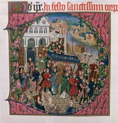 Historisierte Initiale D, die eine religiöse Prozession auf dem Place de Grève, Paris im 15. Jahrhundert darstellt (Faksimile-Ausgabe des Missel de Jouvenel des Ursins)
