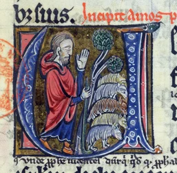 Historiated Initial U zeigt den Propheten Amos, der seine Herde führt, aus einer lateinischen Bibel, 14. Jahrhundert