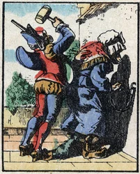 Geschichte von Dr. Pulcinella (Polichinelle). Holzgravur von Imagery Pellerin - Epinal, sp. 19. Jahrhundert.