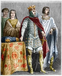 Hugo der Große (897-956) krönt Raoul oder Rudolf von Burgund (um 890-936), Herzog von Burgund und König von Frankreich. Gravur in „Histoire De France En Cent Tableaux“ von Paul Lehugeur 1891