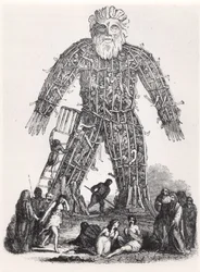 Menschenopfer durch gallische Druiden in einem Weidenmann, aus Magasin Pittoresque, 1833