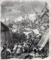 Hundertjähriger Krieg: Schlacht von Poitiers (1356). Gravur in „Geschichte der Päpste (...) Verbrechen der Königinnen, Könige und Kaiser durch die Jahrhunderte“ von Maurice Lachatre