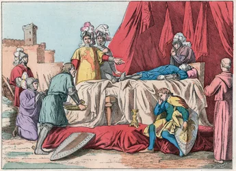 Hundertjähriger Krieg: „Der Tod von Bernard du Guesclin (1320-1380) vor Chateauneuf de Randon am 13.07.1380“ - Tod von Duguesclin (während der Belagerung von Chateauneuf-de-Randon am 13. Juli 1380) - Gravur aus dem Ende des 19. Jahrhunderts in „Nos Gires N