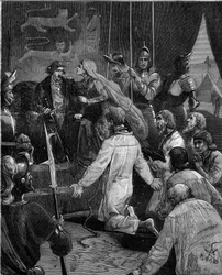 Hundertjähriger Krieg. Die Bürger von Calais: Hingabe von Eustache von St. Peter und seinen Gefährten an König Edward III. von England, unterstützt von Königin Philippa von Hennegau (1311-1369)