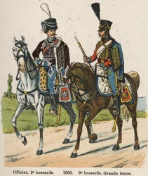 Husaren 1. Vendémiaire An XII (24. September 1803): Offizier, 2. Husaren und 9. Husaren in großer Uniform im Jahr 1806. Tafel aus dem Buch Les Uniforms de l
