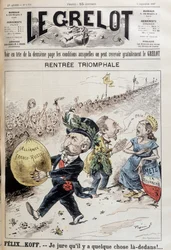 Ich schwöre, da ist etwas drin. Der französische Präsident Felix Faure (1841-1899) trägt den Ballon des russischen Kredits. Dahinter streitet eine Frau, die Lothringen repräsentiert, mit einem Mann, der sagt „Lass uns in Ruhe“ (zweifellos der Außenminister