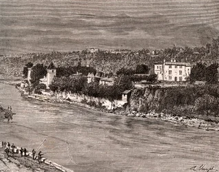 Ile Barbe in der Mitte der Saone, im 9. Arrondissement von Lyon - Gravur in „La France illustree: Geographie, Geschichte, statistische Verwaltung“ von V.-A. Malt-Brown. 1884