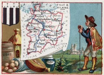 Ille-et-Vilaine (35), Bretagne, Frankreich. Cidre und Butter. Serie über die französischen Departements. Chromolithographie "Der geografische Faden", ca. 1920. Private Sammlung