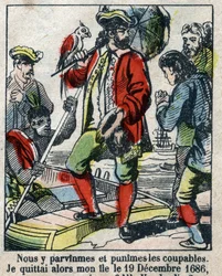 Illustration für das Buch von Daniel Defoe "Robinson Crusoe". Epinal imagery aus dem späten 19. Jahrhundert