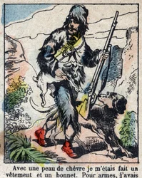 Illustration für das Buch von Daniel Defoe „Robinson Crusoe“. Epinal-Bild aus dem späten 19. Jahrhundert.