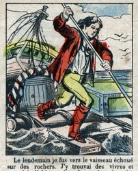 Illustration für das Buch von Daniel Defoe „Robinson Crusoe“. Epinal-Bild aus dem späten 19. Jahrhundert.
