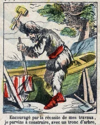 Illustration für das Buch von Daniel Defoe "Robinson Crusoe". Epinal-Bildgebung Ende des 19. Jahrhunderts.