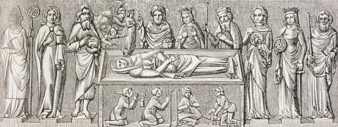 Illustration nach dem Basrelief auf dem Grab von Elisabeth von Ungarn, aus 