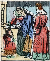 Illustration für „Riquet mit der Locke“, Märchen von Charles Perrault (1628-1703), französischer Schriftsteller. Holzstich von Imaging Pellerin - Epinal, sp. Ende des 19. Jahrhunderts.