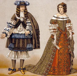 Illustration der Charaktere Alceste und Celimene im Stück "Der Menschenfeind" von Molière (farbiger Stich)