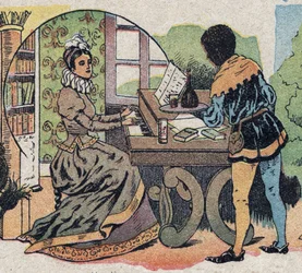 Illustration zum Märchen „Die Schöne und das Biest“: Es war von Aufmerksamkeit umgeben. Kupferstich von Quinn, um 1890