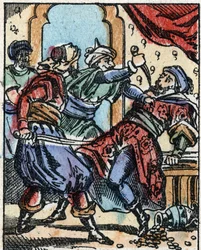 Illustration zu den Märchen aus Tausendundeiner Nacht. Ali-Baba. Holzstich von Imaging Pellerin - Epinal, sp. 19. Jahrhundert.