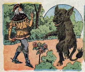 Illustration zum Märchen "Die Schöne und das Biest": der Kaufmann schneidet eine Rose im Garten des Biests ab, um sie seiner Tochter Belle zu bringen. Gravur von Quinn imagery, ca. 1890