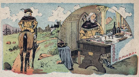 Illustration für das Märchen „Die Schöne und das Biest“: Der Kaufmann verirrte sich im Wald - nachdem er einen Speisesaal betreten hatte. Gravur von Quinn, um 1890.